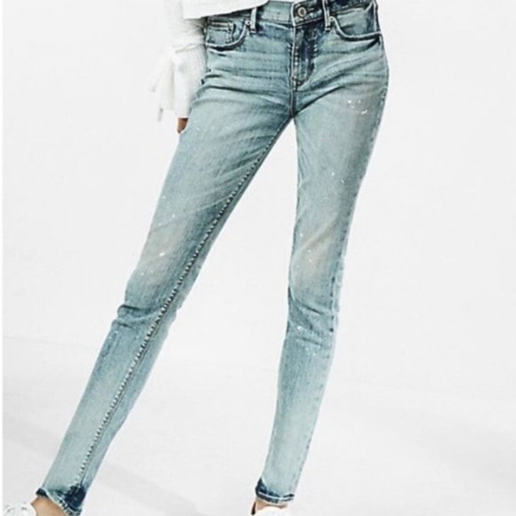 Eco-Friendly Mid-Rise Light Wash Skinny Jeans with Paint Splatter Detail - 00R - Picture 1 of 16